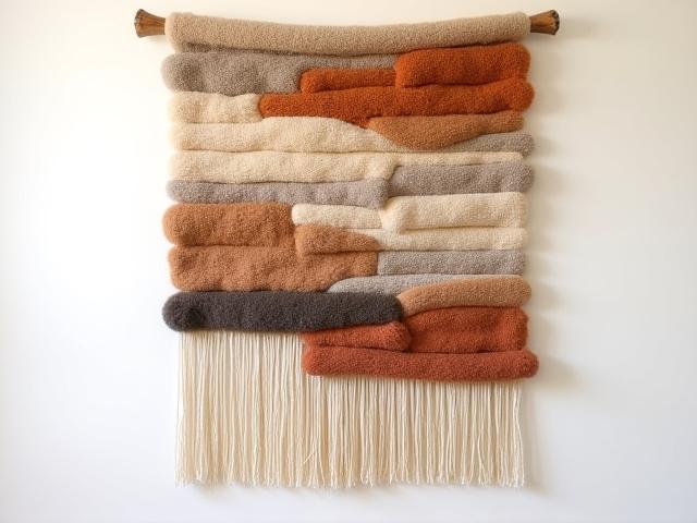 A beautifully textured woven wall hanging in earthy colors.